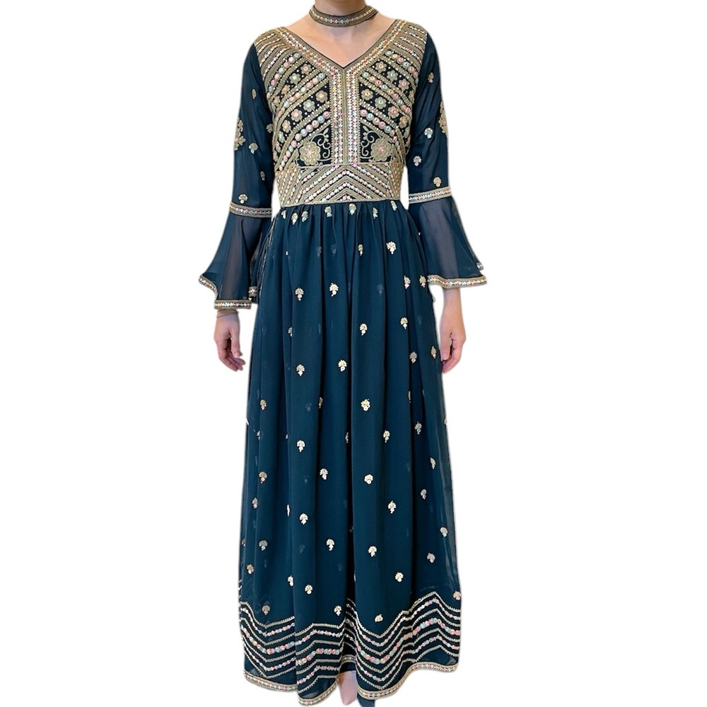 Anarkali Indian Traditional Dress with Pants Teal Gold Embroidered Suit Small